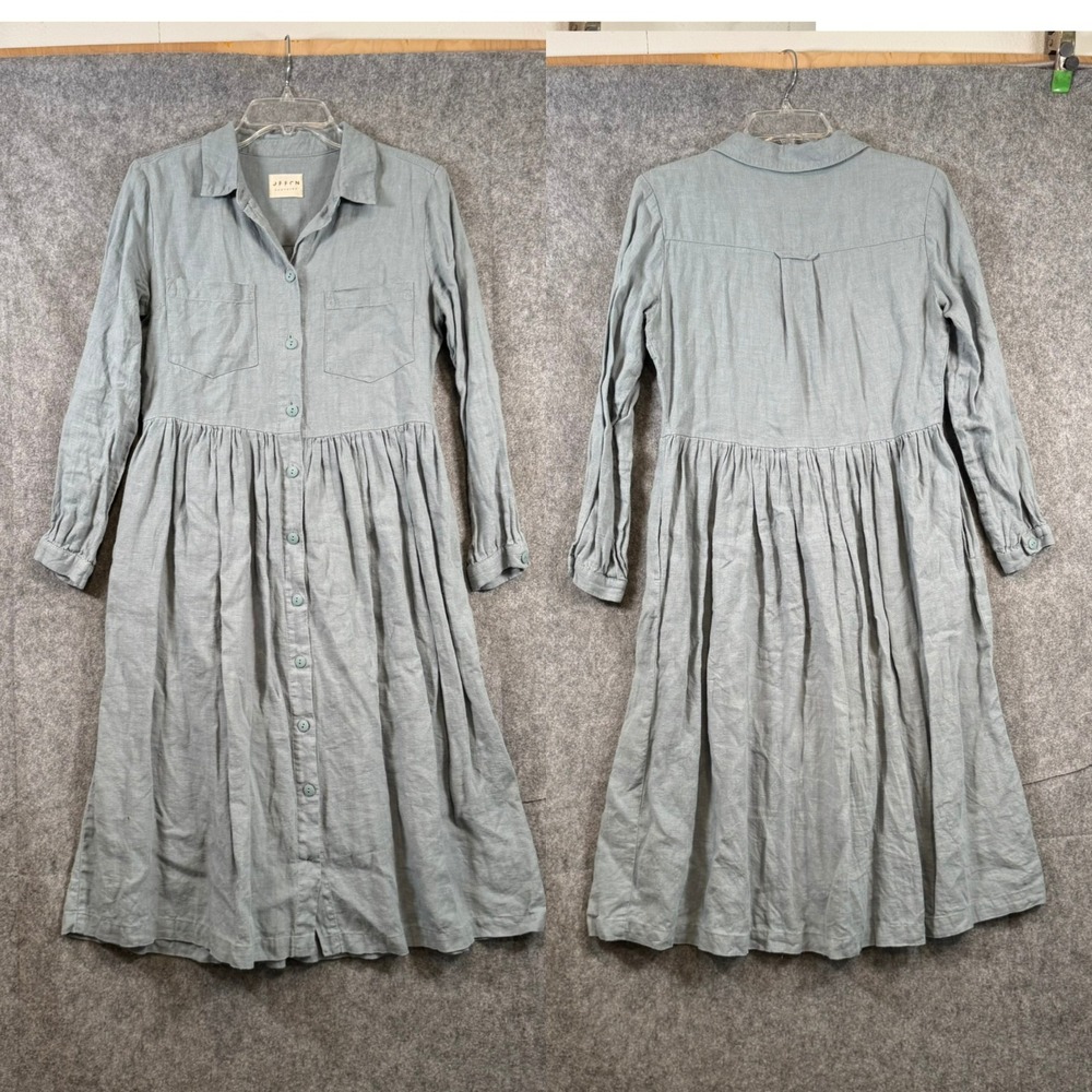 Offon Midi Shirt Dress Medium Blue 100% Linen Buttons Lagenlook Boho Cottage